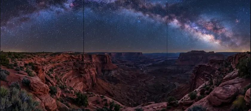 Milky Way arching over a red rock canyon at night, split into a seamless 3-tile Instagram grid