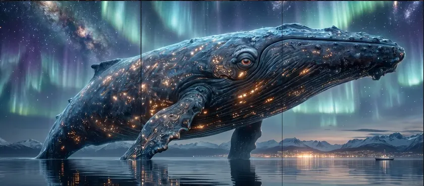 Illustrated glowing whale breaching beneath the northern lights, split into a seamless 3-tile Instagram grid