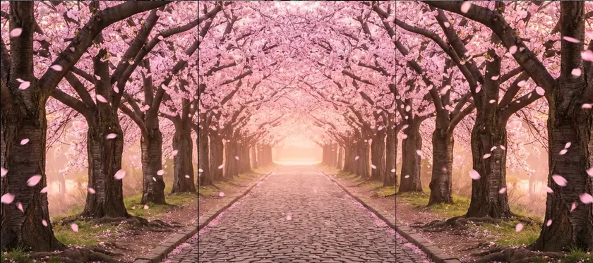 Cherry blossom avenue receding into soft pink light, split into a seamless 3-tile Instagram grid