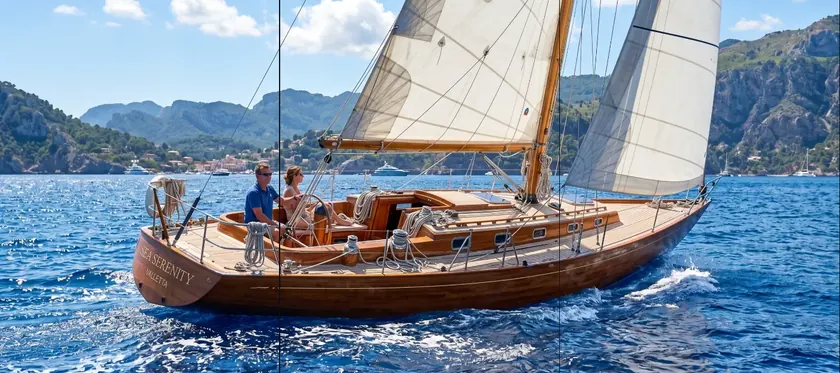 Classic wooden sailing yacht on blue water below coastal mountains, split into a seamless 3-tile Instagram grid
